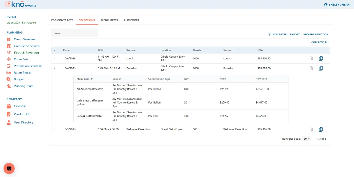 The KNŌ Events food and beverage view, showing costs, minimums, menus and deadlines.